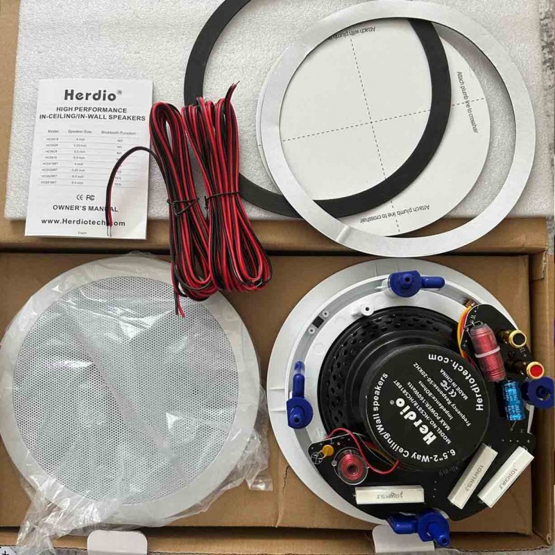 Herdio Passive Ceiling Speakers 6.5 Inch, 320W 2-Way Round Flush Mount Speakers, Easy to Install, Suitable for Home Theater Living Room Bathroom Office, (White, Pair)