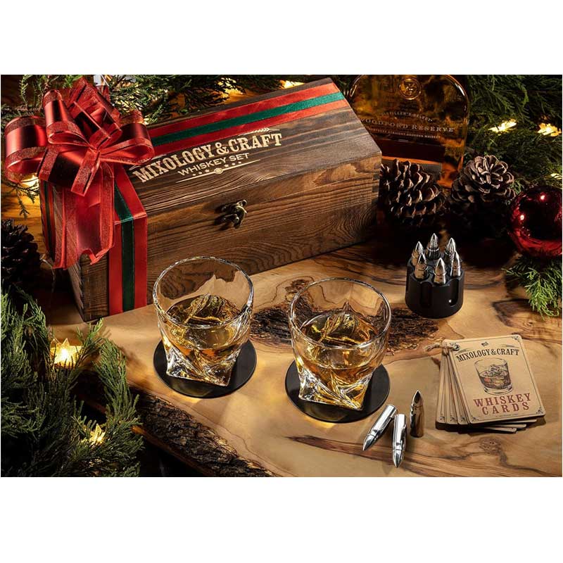 Mixology & Craft Whiskey Stones Gift Set - Pack of 6 Stainless Steel Bullet Chillers with 2, 10 oz Crystal Glasses in Distressed Wood Box - Whiskey Gifts for Men